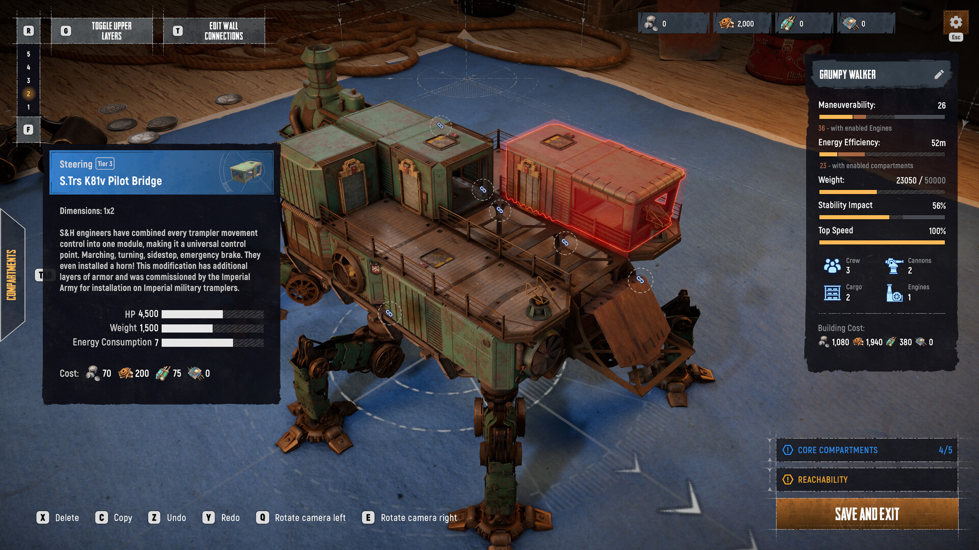 SAND Raiders of Sophie ship build guide showing Trampler module shape and crew stats